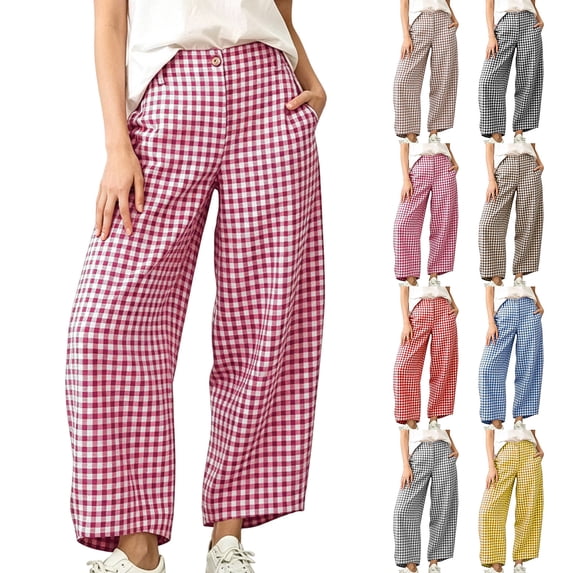 Women's Checkered Wide Leg Pants, High Waisted Button Fly Casual Trousers with Side Pockets, Soft Cotton Blend Comfort Fit for Work Office | UKHCCC,Gray XL