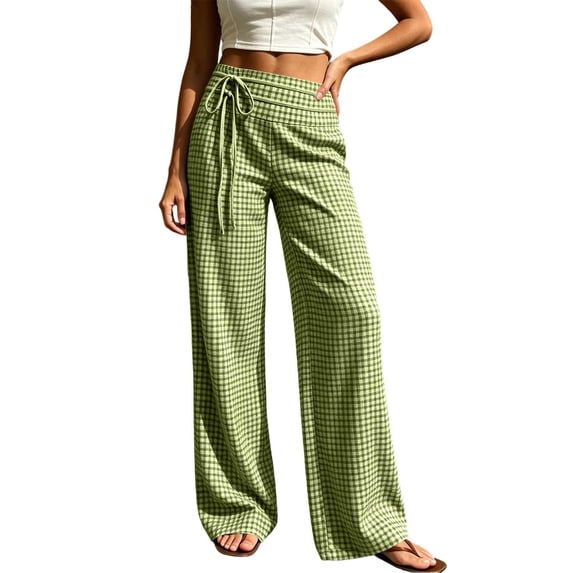 Women's Checkered Wide Leg Pants Plaid Elastic High Waisted Drawstring Trousers Casual Loose Fit Pants with Pockets Green XXL(XXL)