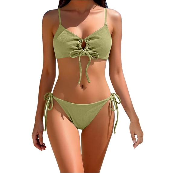 Women's Cheeky Bikini Set 2 Piece String High Cut Swimsuits Lace Up Tie Side Bathing Suits O Ring Green