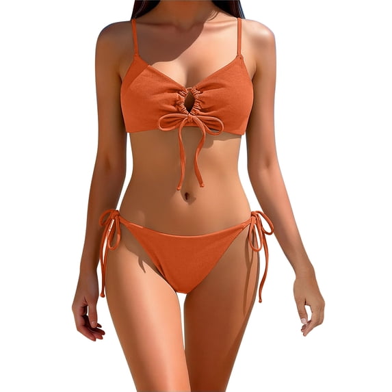 Women's Cheeky Bikini Set 2 Piece String High Cut Swimsuits Lace Up Tie Side Bathing Suits O Ring Orange