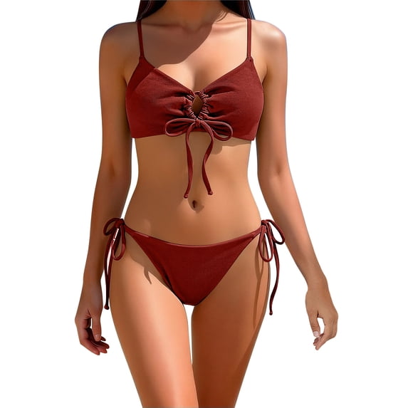 Women's Cheeky Bikini Set 2 Piece String High Cut Swimsuits Lace Up Tie Side Bathing Suits O Ring Red