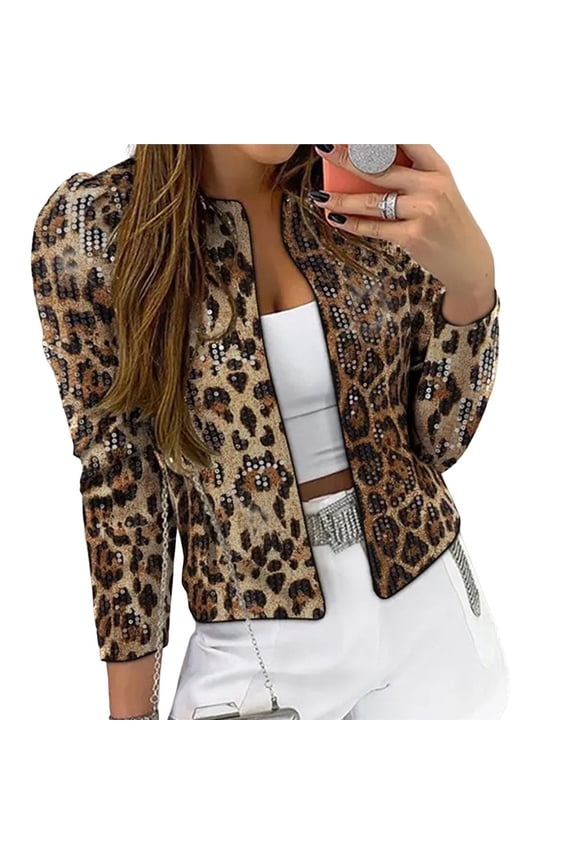 Women's Cheetah Print Blazer Leopard Jacket Long Sleeve Suit Work Jacket Brown M