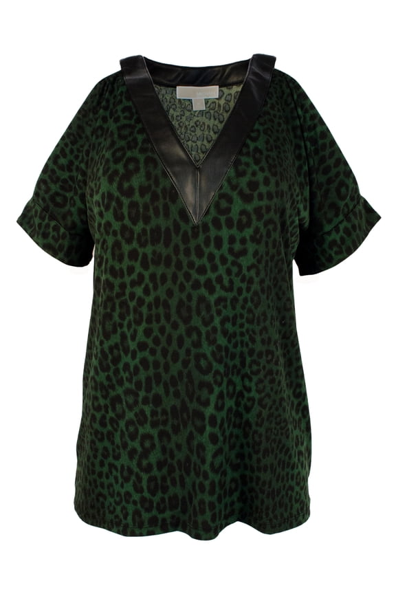Women's Cheetah Print Faux Leather Trim Cold Shoulder Shirt-M-M