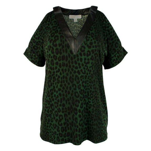 Women's Cheetah Print Faux Leather Trim Cold Shoulder Shirt M XSmall