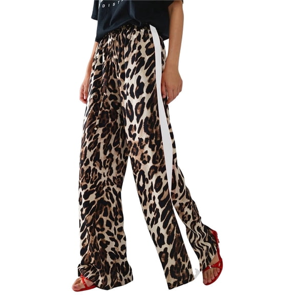 Women's Cheetah Print Wide Leg Baggy Pants Y2k Side Loose Streetwear Trousers Brown & White L