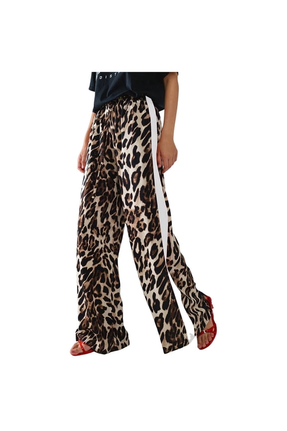 Women's Cheetah Print Wide Leg Baggy Pants Y2k Side Loose Streetwear Trousers Brown & White L