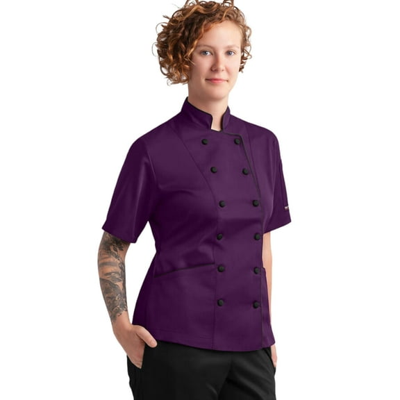 Women's Chef Coat with Piping (XX-Large, Eggplant) ? Tailored Chef Coat with Fabric Covered Buttons