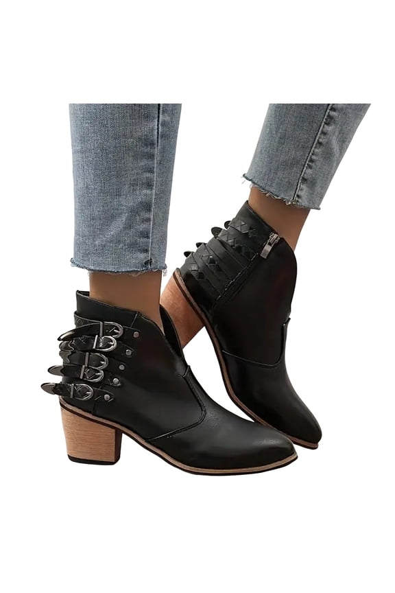 Women's Chelsea Ankle Boots Chunky Mid Heel Buckles Fall Heeled Booties Close Toe Leather Winter Work Walking Shoes