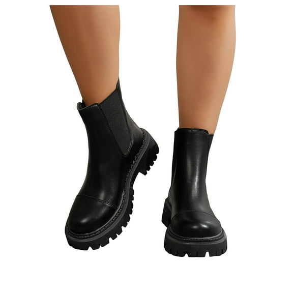 Women's Chelsea Boots Fashion Leather Platform Chunky Heels Lug Sole Slip on Mid Calf Short Ankle Booties Black
