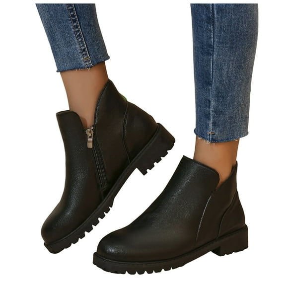 Women's Chelsea Combat Boots Vintage Casual Leather Round Toe Low Heel Winter Fall Short Ankle Booties Black Size 6