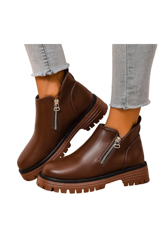 Women's Chelsea Platform Boots Slip On Short Combat Booties Lug Sole Non Slip Leather Ankle Boots