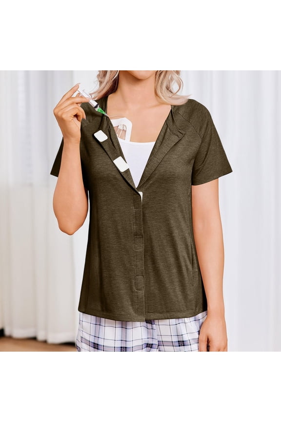 Women's Chemo Care Short Sleeve Cardigan - Adaptive Open Front Top with Hook and Loop Closures for Post-Surgery & Medical Recovery Brown M