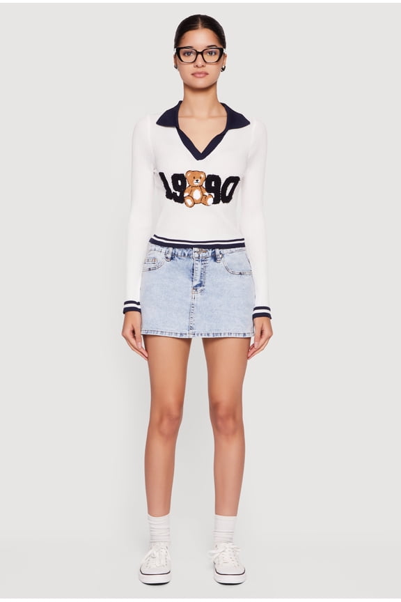 Women's Chenille 1990 Bear Patch Graphic Varsity Stripe Sweater