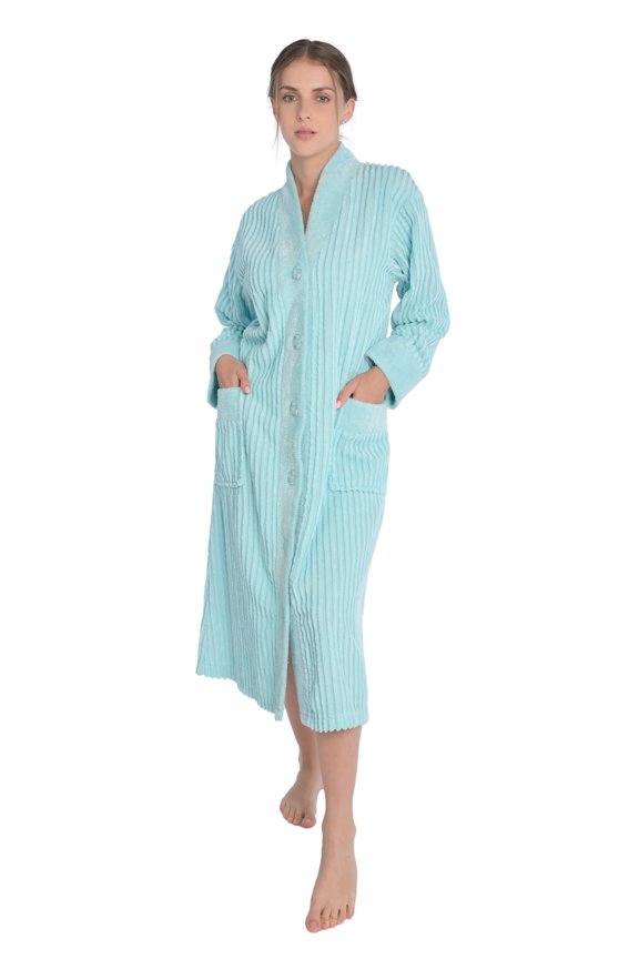 Women's Chenille Button Front Robe Bathrobe (Aqua Blue, Medium)