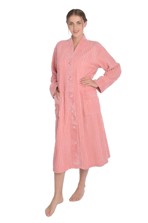 Women's Chenille Button Front Robe Bathrobe (Coral, 1X)
