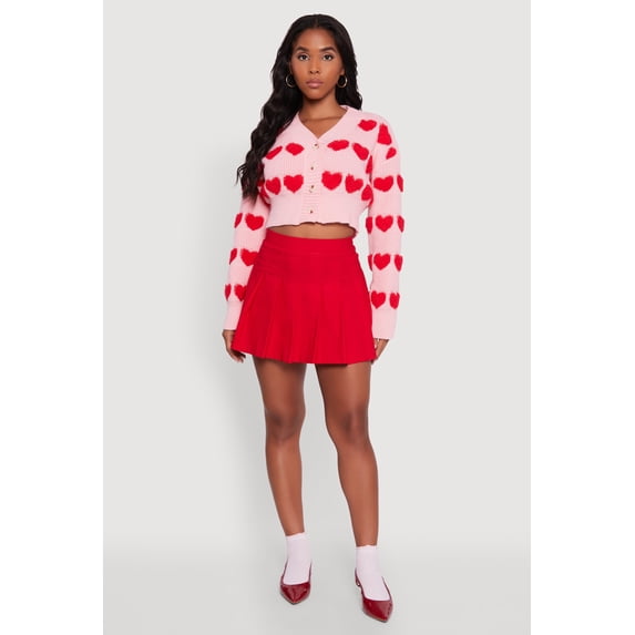 Women's Chenille Heart Patterned Brushed Knit Cropped Cardigan