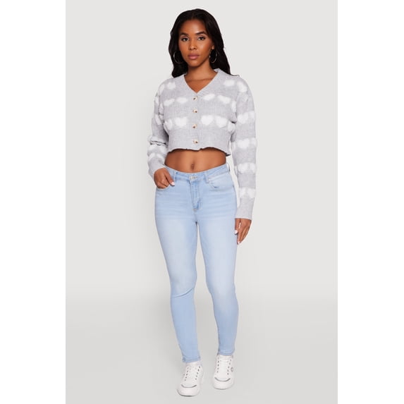 Women's Chenille Heart Patterned Brushed Knit Cropped Cardigan