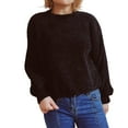 thumbnail image 1 of Women's Chenille Knit Cropped Pullover Sweater, Solid Color Crewneck Lantern Sleeve Soft Warm Top for Autumn Winter Season, Casual Daily Wear and Comfortable Outfits Black L, 1 of 5
