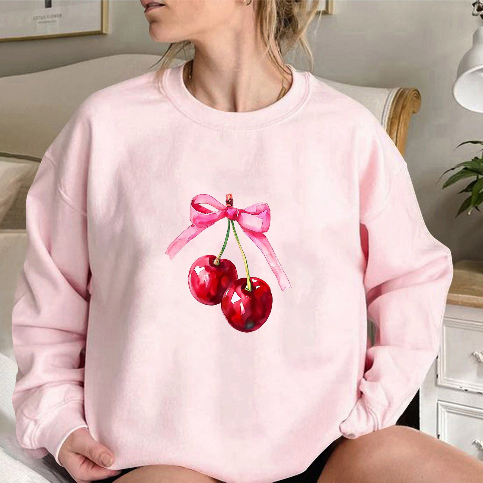 Women's Cherry Bow Sweatshirt Crewneck Long Sleeve Cute