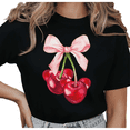 thumbnail image 1 of Women's Cherry Cluster with Pink Bow Graphic Romantic Coquette Casual Breathable T Shirt Short Sleeve Round Neck Top Black S-5XL, 1 of 5
