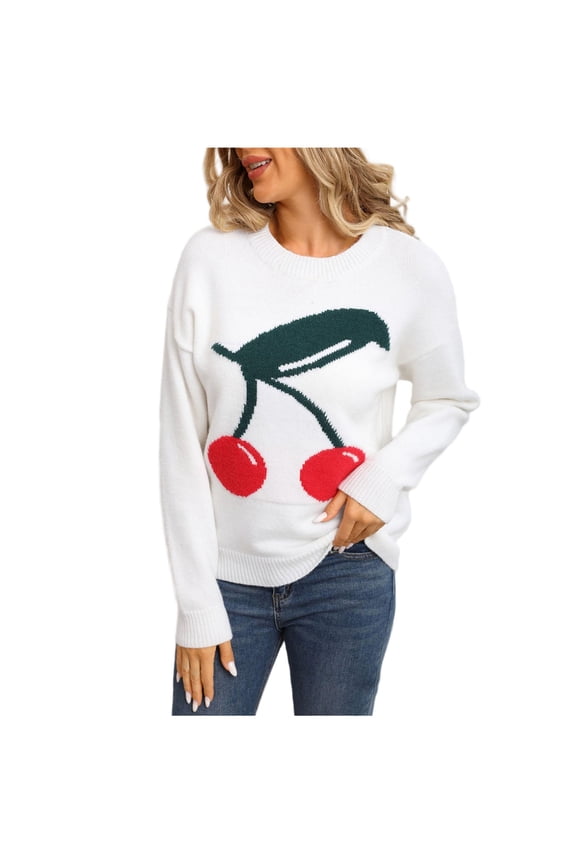 Women's Cherry Embroidered Sweater Crew Neck Long Sleeve Knit Pullover Top White M