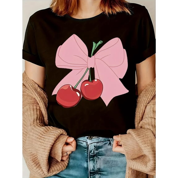 Women's Cherry Graphic T-Shirt，Short Sleeve Crew Neck Tops，Vibrant Casual Tee for Women，Summer Tees，Cute，cotton,black,S-5XL