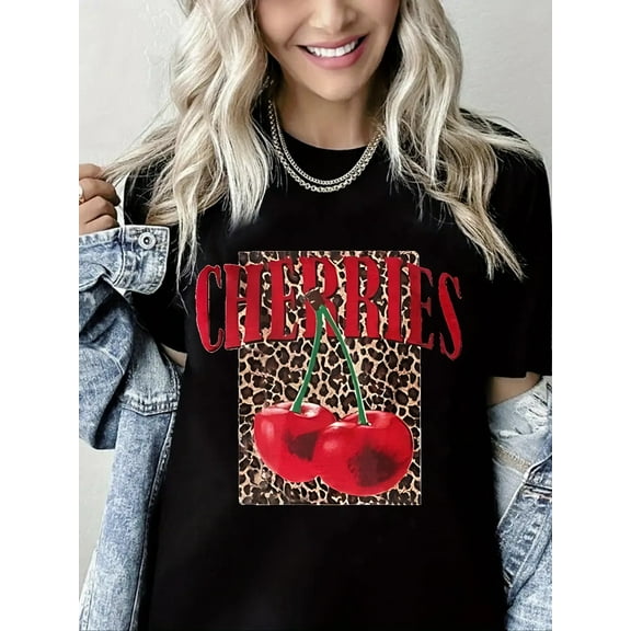 Women's Cherry Graphic Tees Short Sleeve Crew Neck Summer T Shirt Tops for Women Trendy