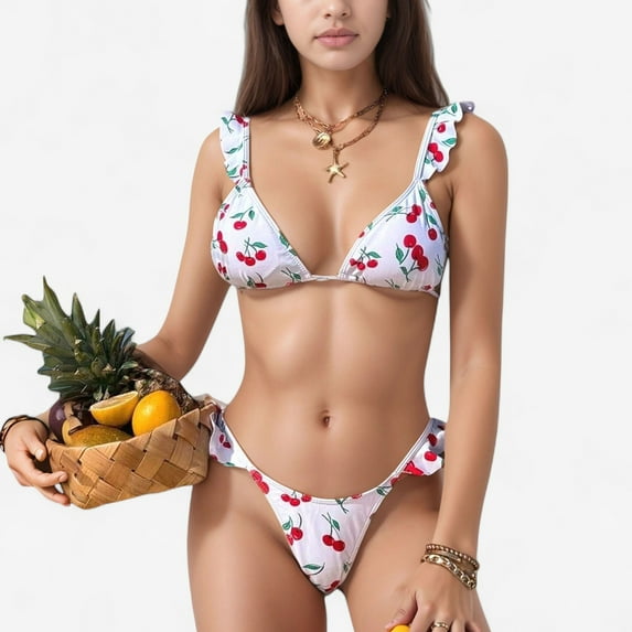Women's Cherry Print Bikini Set with Triangle Top and Ruffle Strap Detail High Cut Bottom - Large, White