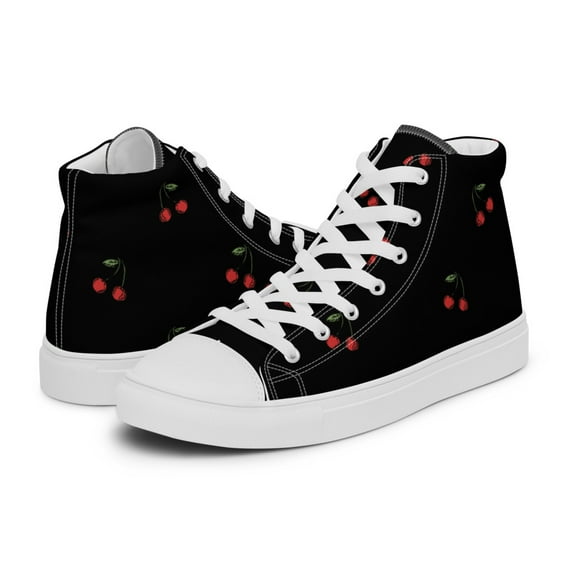 Women's Cherry Print Black High Top Sneakers (5)