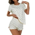 thumbnail image 1 of Women's Cherry Print Pajama Set Short Sleeve Ruffled Sleepwear with Lettuce Trim, Split Hem Lounge Set for Summer, Cute & Comfortable 2 Piece PJs Beige M, 1 of 6