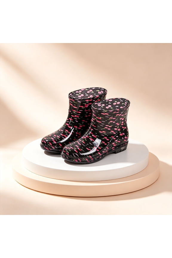 Women's Cherry Print Short Ankle Rain Boots Flexible Rubber Waterproof Detachable Inner Lining for Weekend Park Trips Rainy Daily Errands Black 36
