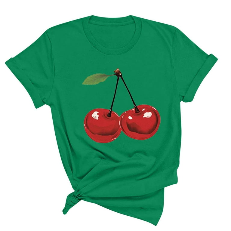 Women's Cherry Print T-Shirt Short Sleeve Crew Neck Tees Loose Fit