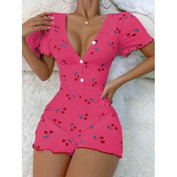 Women's Cherry Printed Short Sleeve Pyjamas Romper