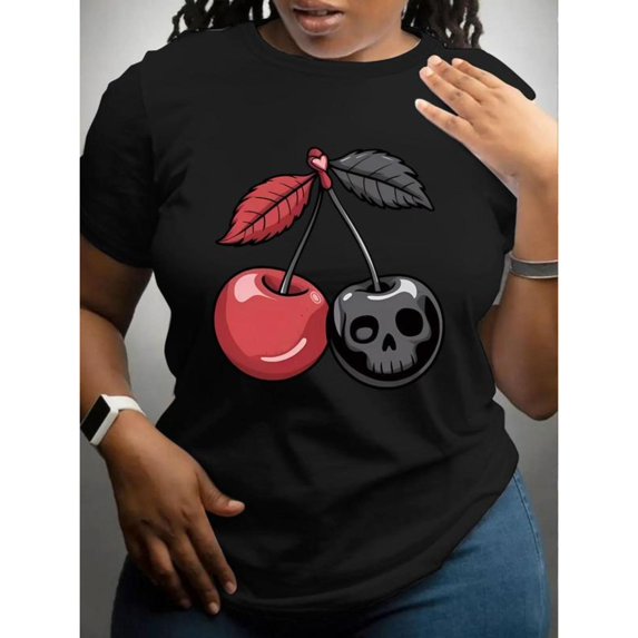 Women's "Cherry & Skull" Contrast Graphic Comfortable Casual T-Shirt Breathable Short Sleeve Round Neck Top Black S-5XL