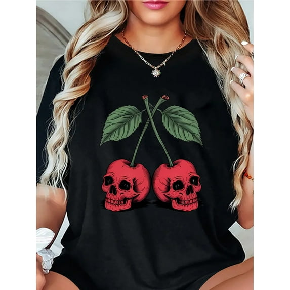 Women's Cherry Skull Print T-Shirt - Black with Red Graphic, Sporty Casual Stretchy Round Neck Tee Comfort Fit, Everyday Fashion Vibrant Design, Nontransparent Fabric, Medium Elasticity