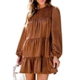 thumbnail image 1 of Women's Chestnut Floral Lace Crochet Tiered Ruffled Mini Dress with Puff Sleeves | [ZhiHiMeRi] | (US 12-14)L, 1 of 8
