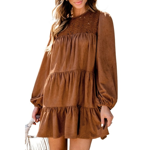 Women's Chestnut Floral Lace Crochet Tiered Ruffled Mini Dress with Puff Sleeves | [ZhiHiMeRi] | (US 12-14)L