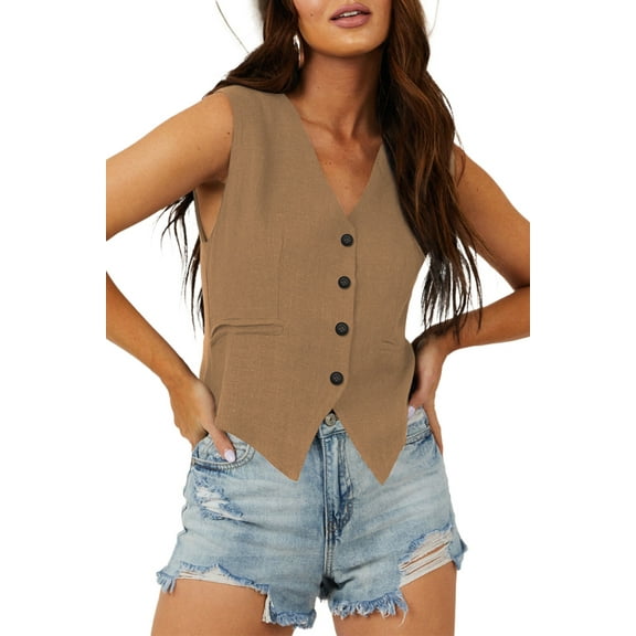 Women's Chestnut Solid Color V Neck Suit Vest - [ZhiHiMeRi] | (US 20-22)2XL