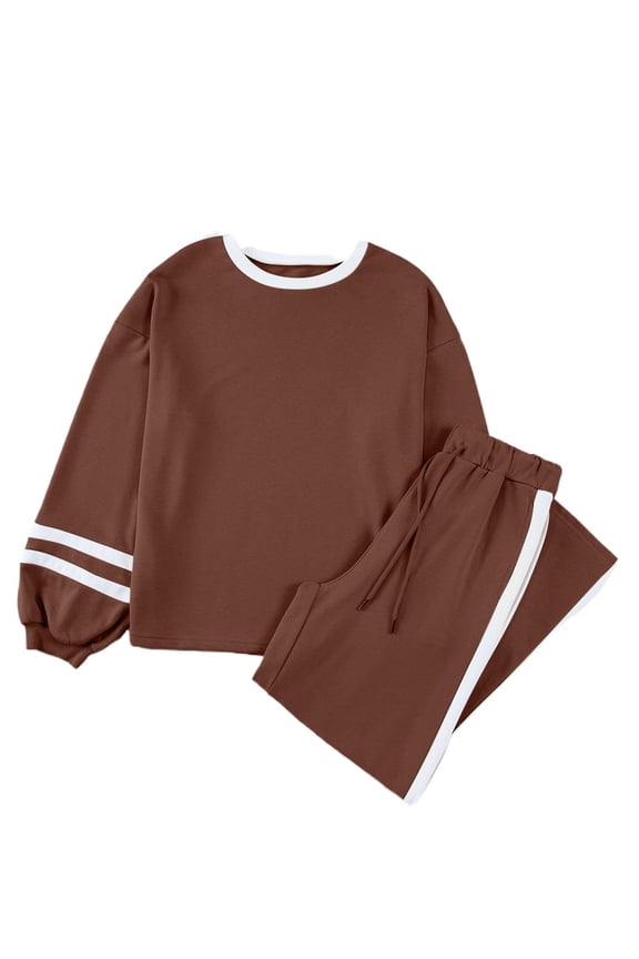 Women's Chestnut Striped Patchwork Puff Sleeve Pullover Set [ZhiHiMeRi] | 2XL