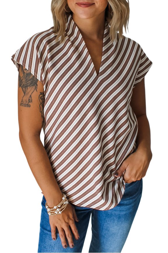Women's Chestnut Striped Stand V Neck Short Sleeve Blouse for Effortless Chic Style | [ZhiHiMeRi] | (US 12-14)L