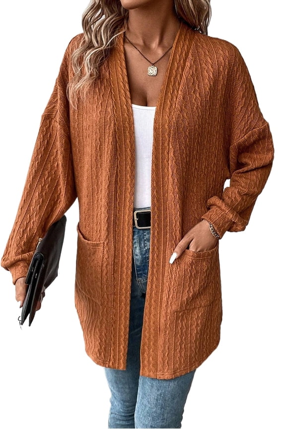 Women's Chestnut Textured Knit Side Pocket Open Front Cardigan | [ZhiHiMeRi] | (US 12-14)L
