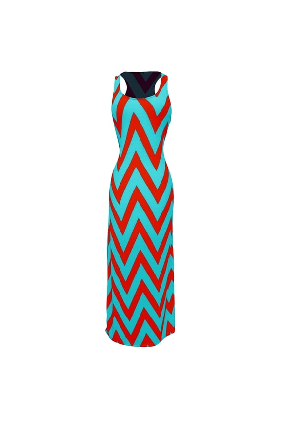 Women's Chevron Boho Chic Maxi Spring Summer Dress 2 Tone (Medium, Red/Aqua)