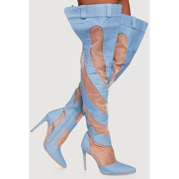 Women's Chevron Mesh Insert Denim Thigh High Stiletto Heel Boots