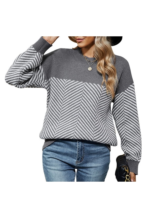Women's Chevron Pattern Knit Sweater, Long Sleeve Casual Pullover, Soft Warm Winter Fashion Top, Grey and White