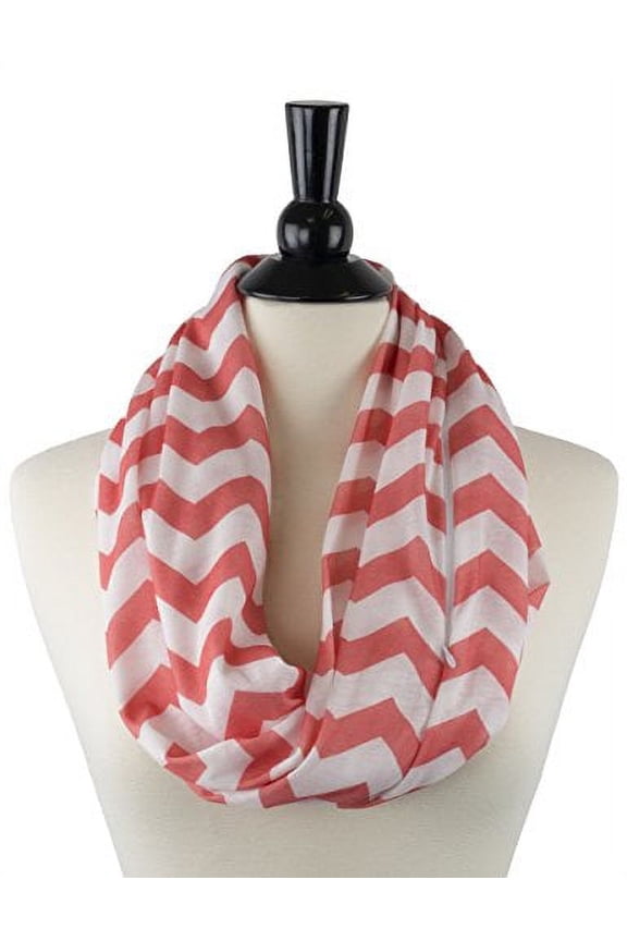 Women's Infinity Scarf with Hidden Zipper Pocket & Pattern Print Chevron (Coral)
