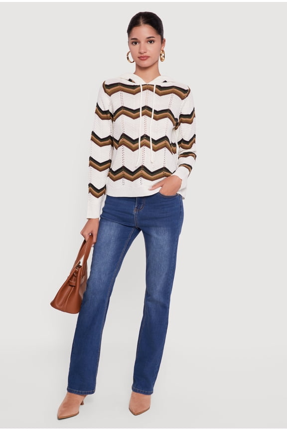 Women's Chevron Pointelle Knit Sweater Hoodie