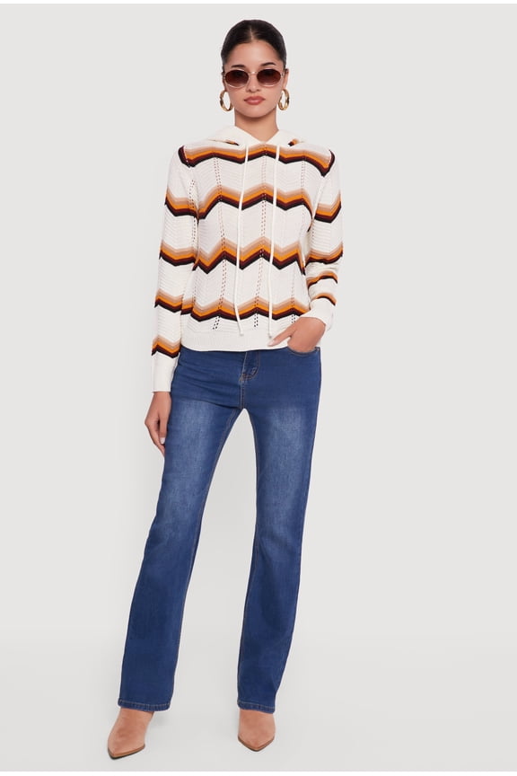 Women's Chevron Pointelle Knit Sweater Hoodie