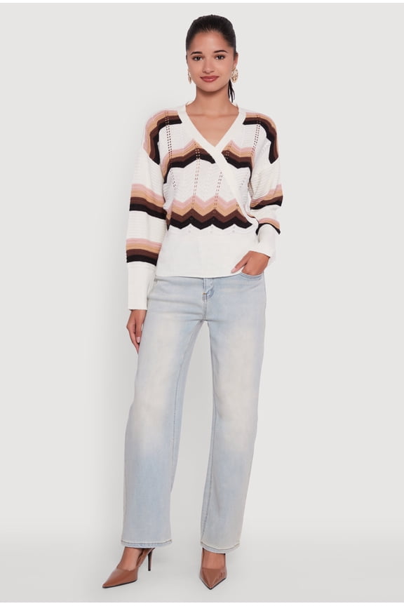 Women's Chevron Print Ribbed Knit Faux Wrap V-Neck Sweater