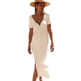 thumbnail image 1 of Women's Chic Beige V-Neck Ruched Button Front T-Shirt Dress, 1 of 7