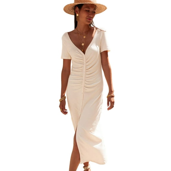 Women's Chic Beige V-Neck Ruched Button Front T-Shirt Dress